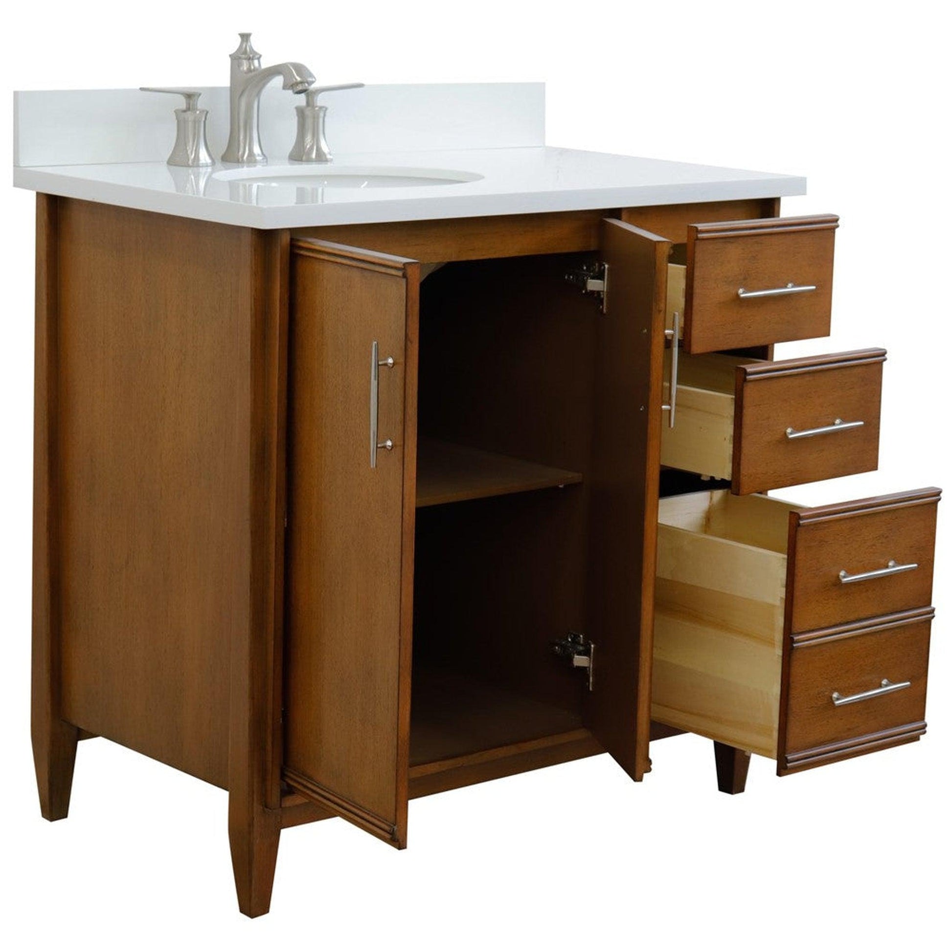 Bellaterra Home MCM 37" 2-Door 3-Drawer Walnut Freestanding Vanity Set With Ceramic Left Undermount Oval Sink and White Quartz Top, and Left Door Cabinet