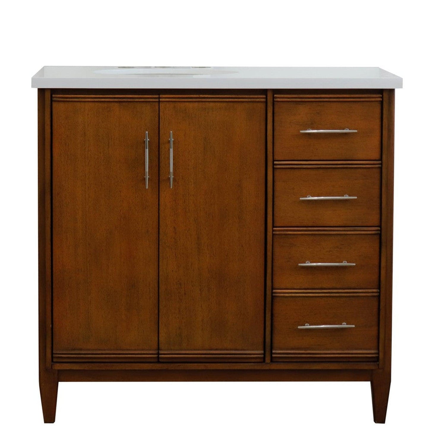 Bellaterra Home MCM 37" 2-Door 3-Drawer Walnut Freestanding Vanity Set With Ceramic Left Undermount Oval Sink and White Quartz Top, and Left Door Cabinet