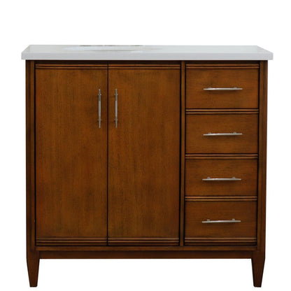 Bellaterra Home MCM 37" 2-Door 3-Drawer Walnut Freestanding Vanity Set With Ceramic Left Undermount Oval Sink and White Quartz Top, and Left Door Cabinet