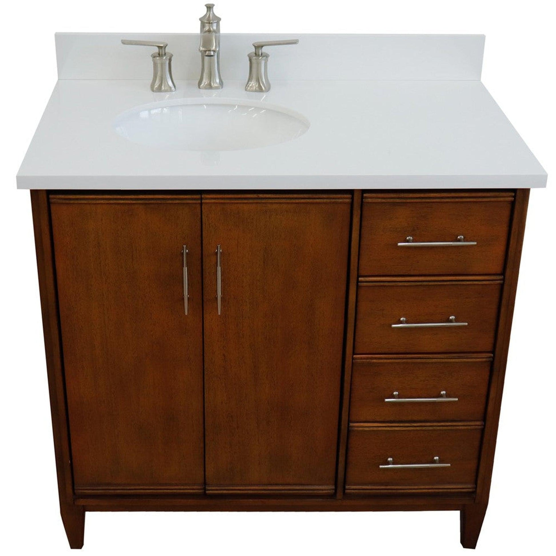 Bellaterra Home MCM 37" 2-Door 3-Drawer Walnut Freestanding Vanity Set With Ceramic Left Undermount Oval Sink and White Quartz Top, and Left Door Cabinet