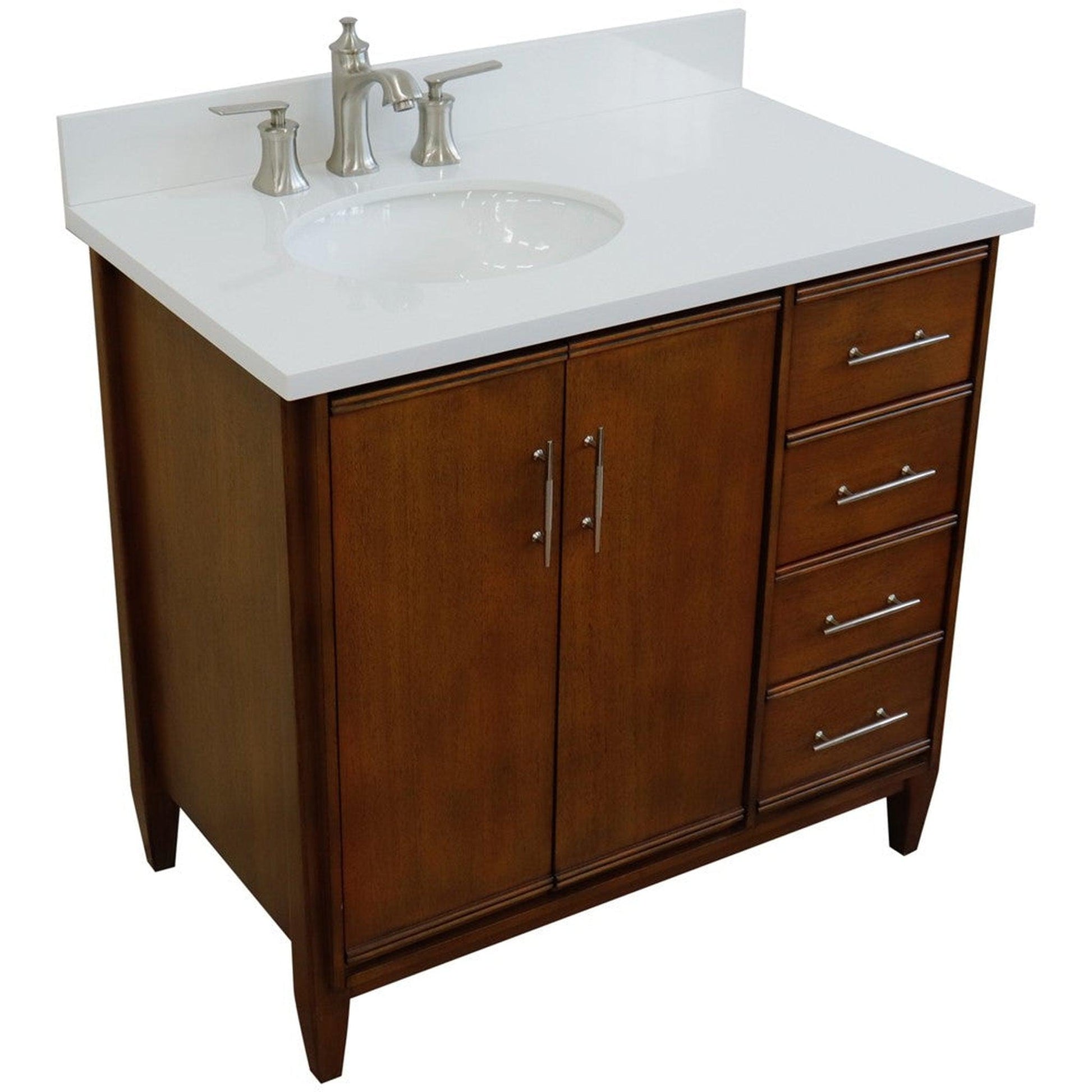 Bellaterra Home MCM 37" 2-Door 3-Drawer Walnut Freestanding Vanity Set With Ceramic Left Undermount Oval Sink and White Quartz Top, and Left Door Cabinet