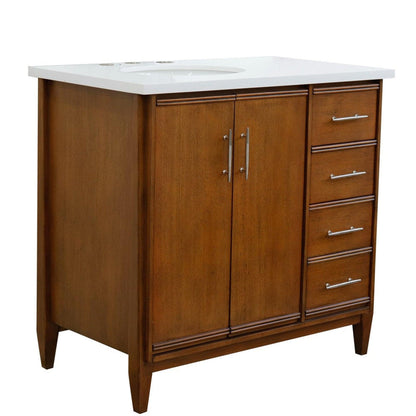 Bellaterra Home MCM 37" 2-Door 3-Drawer Walnut Freestanding Vanity Set With Ceramic Left Undermount Oval Sink and White Quartz Top, and Left Door Cabinet