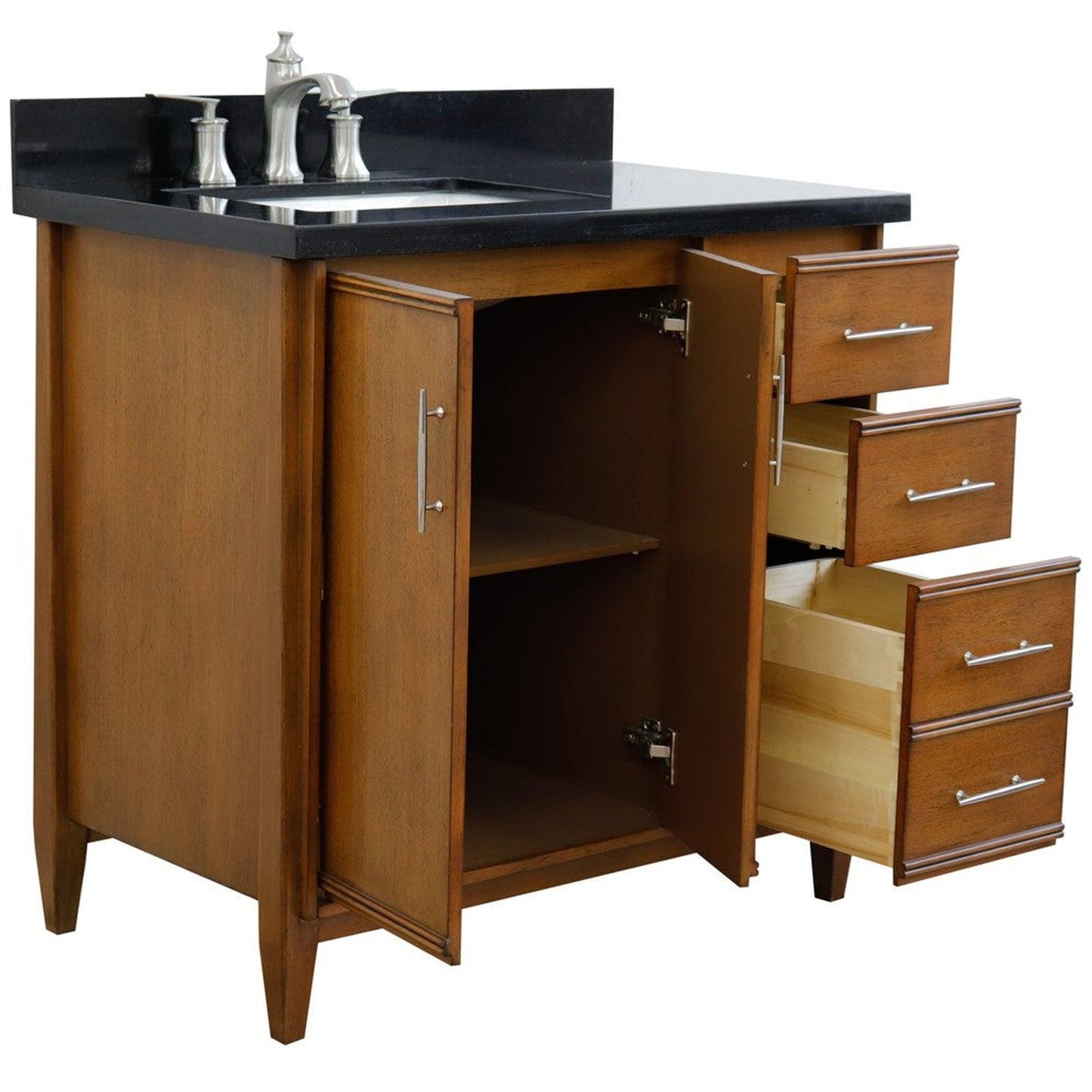 Bellaterra Home MCM 37" 2-Door 3-Drawer Walnut Freestanding Vanity Set With Ceramic Left Undermount Rectangular Sink and Black Galaxy Granite Top, and Left Door Cabinet