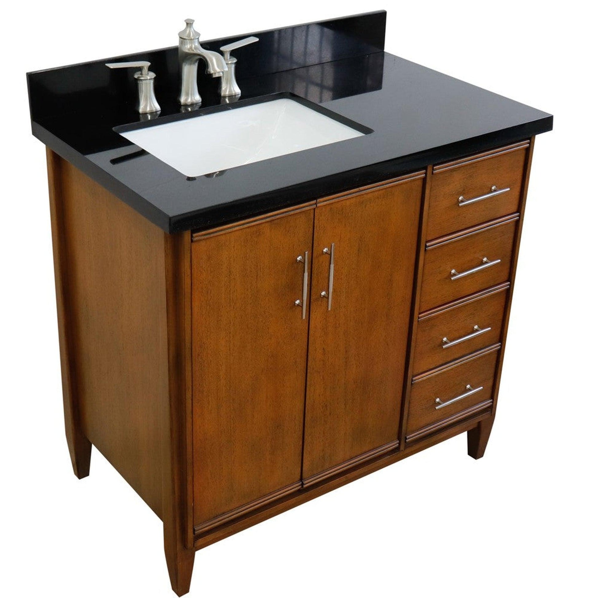 Bellaterra Home MCM 37" 2-Door 3-Drawer Walnut Freestanding Vanity Set With Ceramic Left Undermount Rectangular Sink and Black Galaxy Granite Top, and Left Door Cabinet