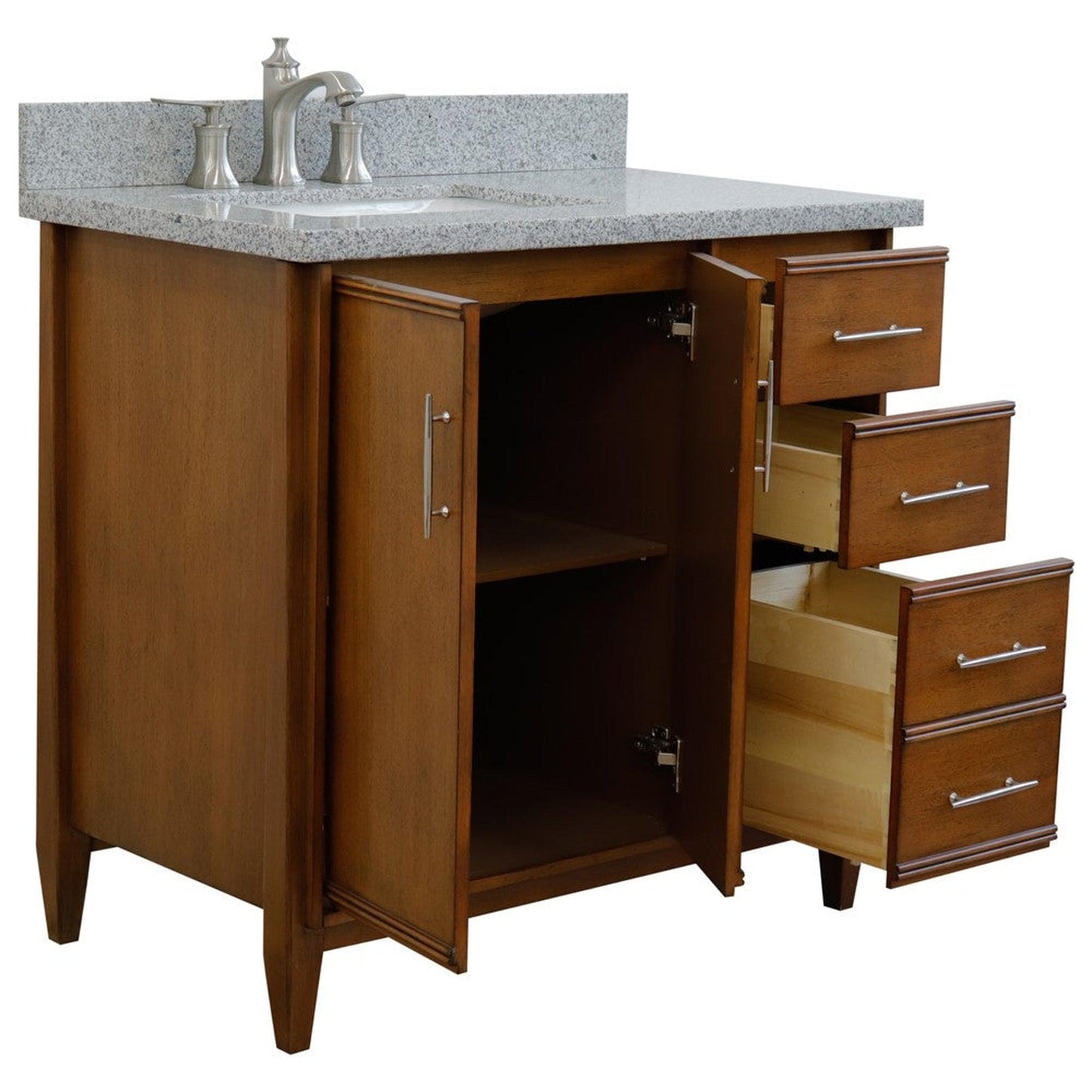 Bellaterra Home MCM 37" 2-Door 3-Drawer Walnut Freestanding Vanity Set With Ceramic Left Undermount Rectangular Sink and Gray Granite Top, and Left Door Cabinet