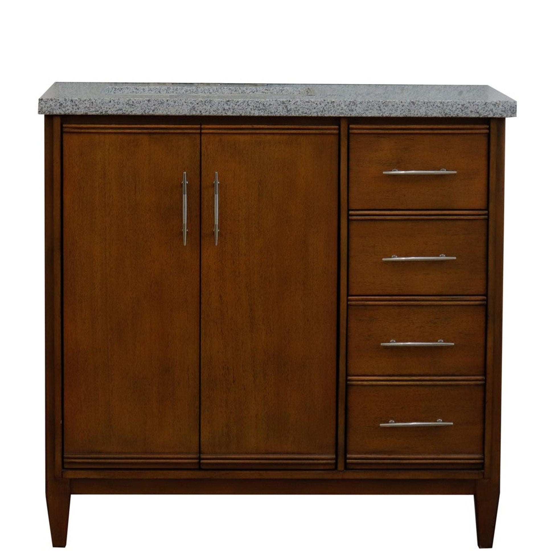 Bellaterra Home MCM 37" 2-Door 3-Drawer Walnut Freestanding Vanity Set With Ceramic Left Undermount Rectangular Sink and Gray Granite Top, and Left Door Cabinet