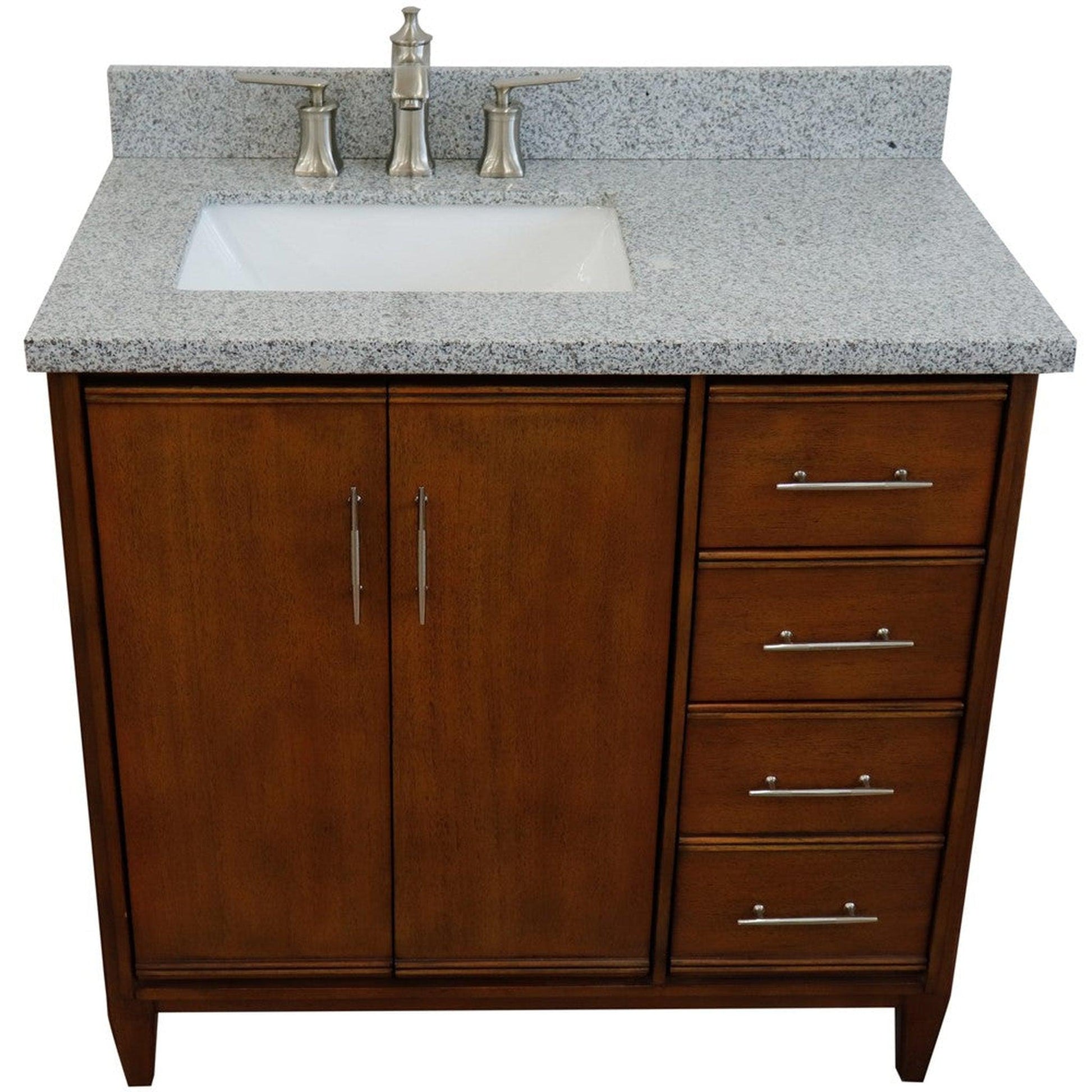 Bellaterra Home MCM 37" 2-Door 3-Drawer Walnut Freestanding Vanity Set With Ceramic Left Undermount Rectangular Sink and Gray Granite Top, and Left Door Cabinet