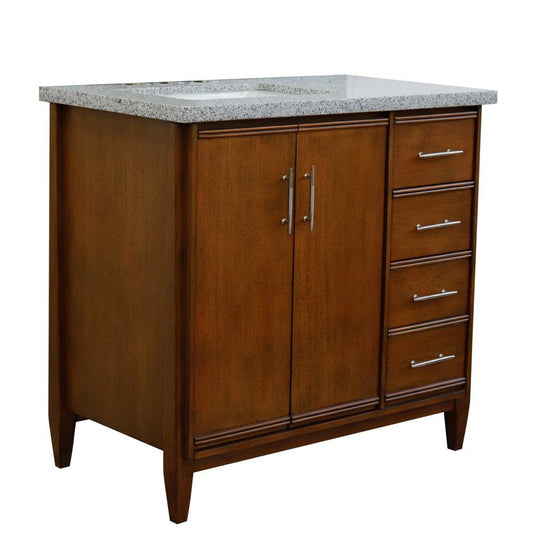 Bellaterra Home MCM 37" 2-Door 3-Drawer Walnut Freestanding Vanity Set With Ceramic Left Undermount Rectangular Sink and Gray Granite Top, and Left Door Cabinet