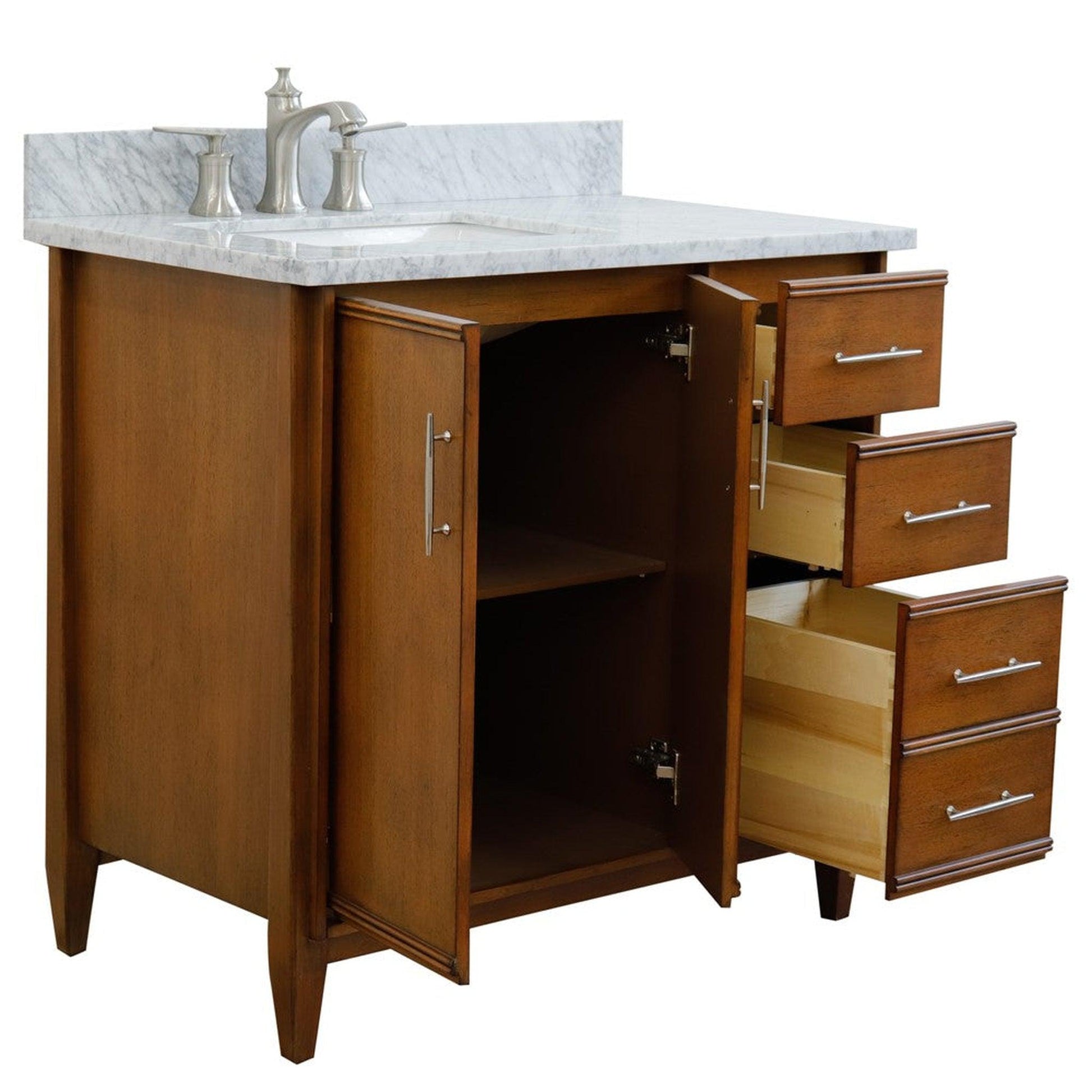 Bellaterra Home MCM 37" 2-Door 3-Drawer Walnut Freestanding Vanity Set With Ceramic Left Undermount Rectangular Sink and White Carrara Marble Top, and Left Door Cabinet