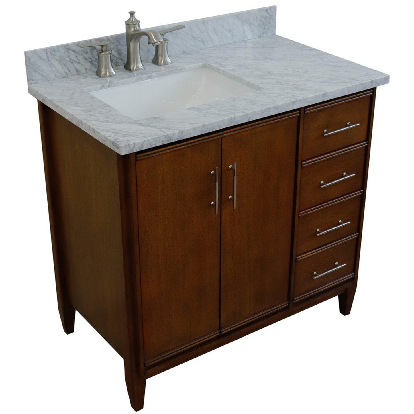 Bellaterra Home MCM 37" 2-Door 3-Drawer Walnut Freestanding Vanity Set With Ceramic Left Undermount Rectangular Sink and White Carrara Marble Top, and Left Door Cabinet