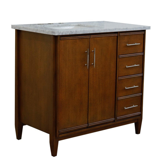 Bellaterra Home MCM 37" 2-Door 3-Drawer Walnut Freestanding Vanity Set With Ceramic Left Undermount Rectangular Sink and White Carrara Marble Top, and Left Door Cabinet