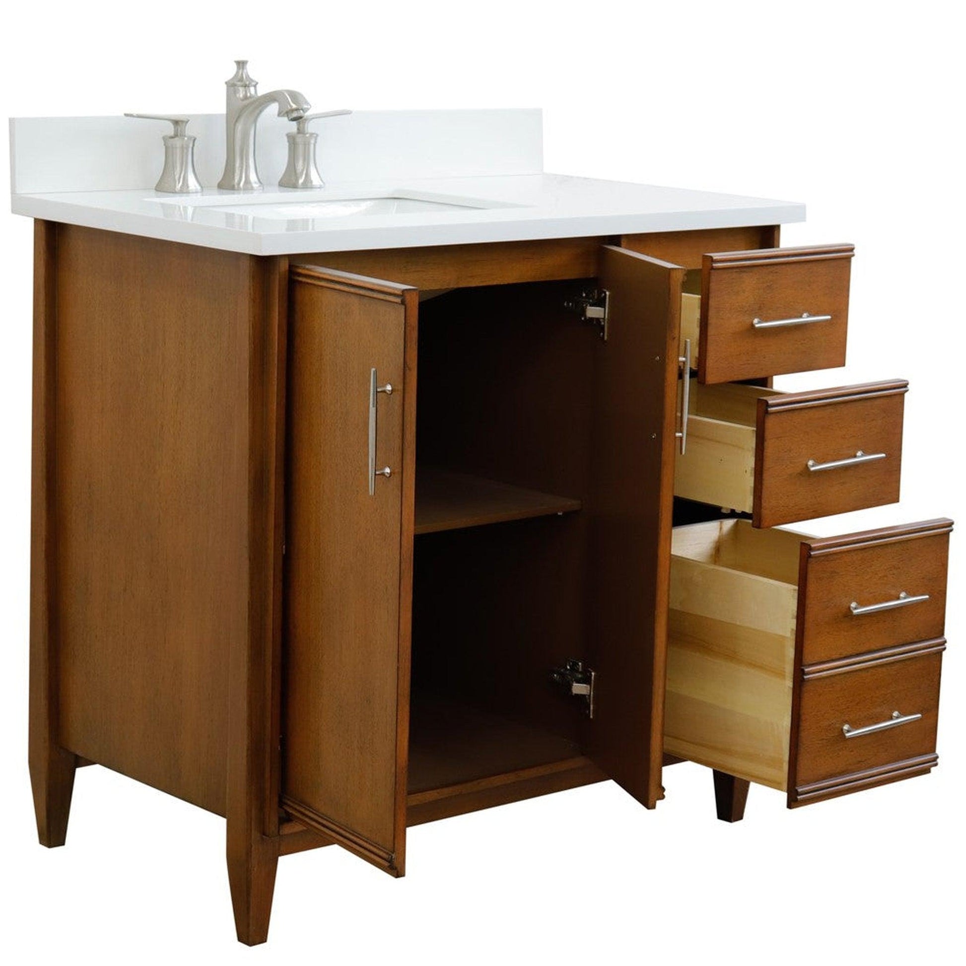 Bellaterra Home MCM 37" 2-Door 3-Drawer Walnut Freestanding Vanity Set With Ceramic Left Undermount Rectangular Sink and White Quartz Top, and Left Door Cabinet