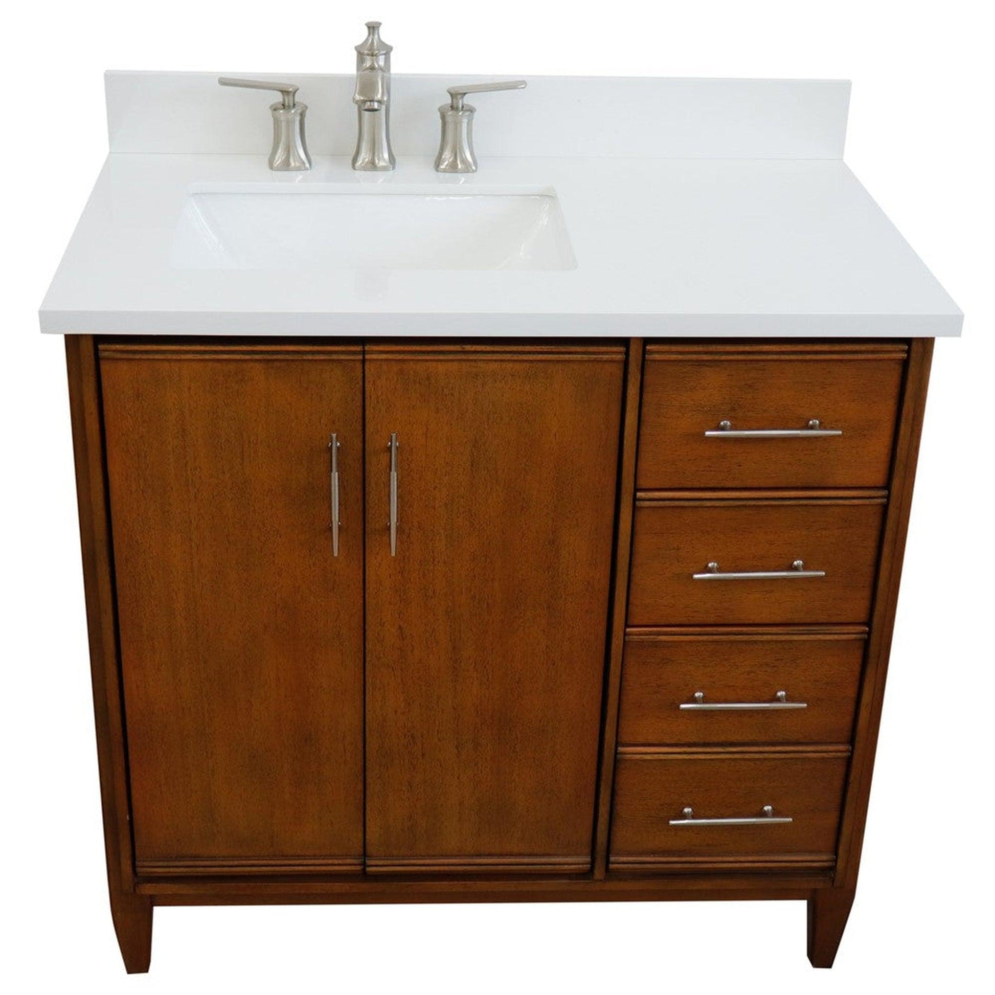Bellaterra Home MCM 37" 2-Door 3-Drawer Walnut Freestanding Vanity Set With Ceramic Left Undermount Rectangular Sink and White Quartz Top, and Left Door Cabinet