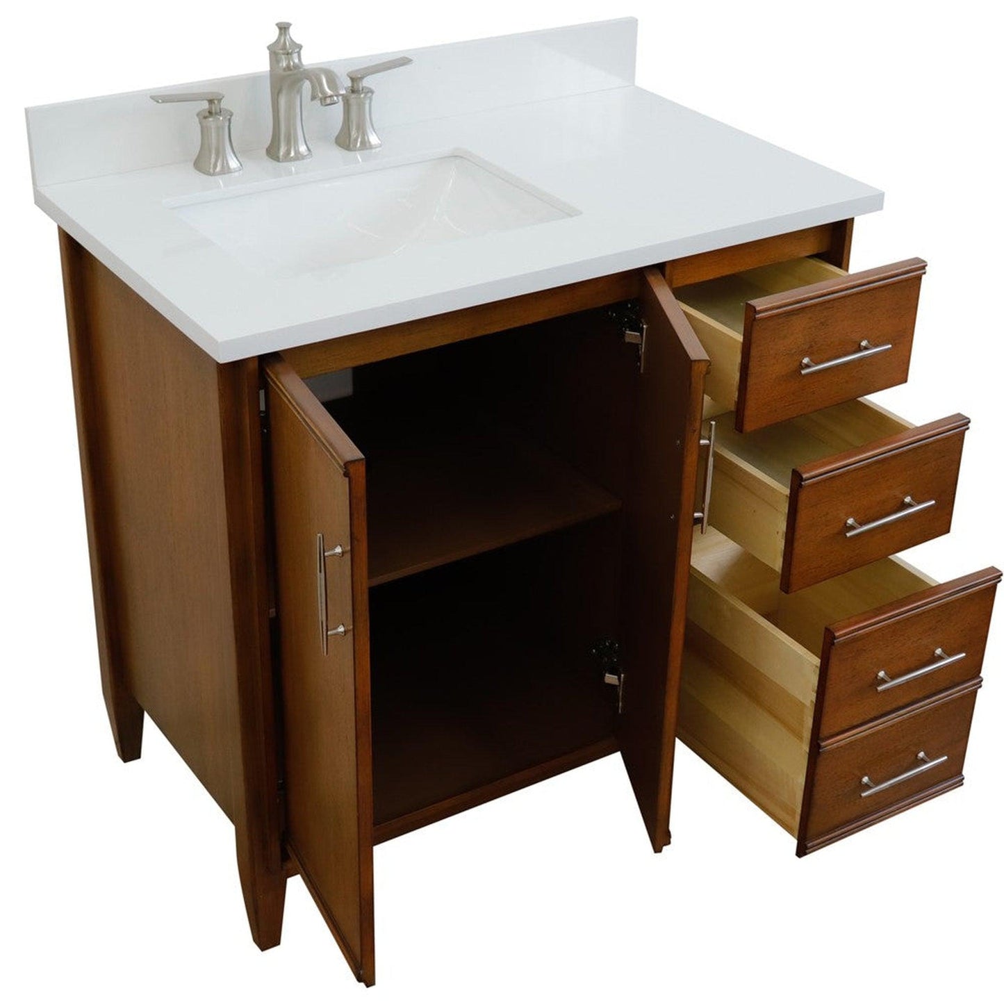 Bellaterra Home MCM 37" 2-Door 3-Drawer Walnut Freestanding Vanity Set With Ceramic Left Undermount Rectangular Sink and White Quartz Top, and Left Door Cabinet