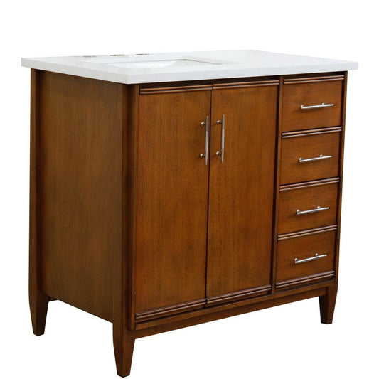 Bellaterra Home MCM 37" 2-Door 3-Drawer Walnut Freestanding Vanity Set With Ceramic Left Undermount Rectangular Sink and White Quartz Top, and Left Door Cabinet