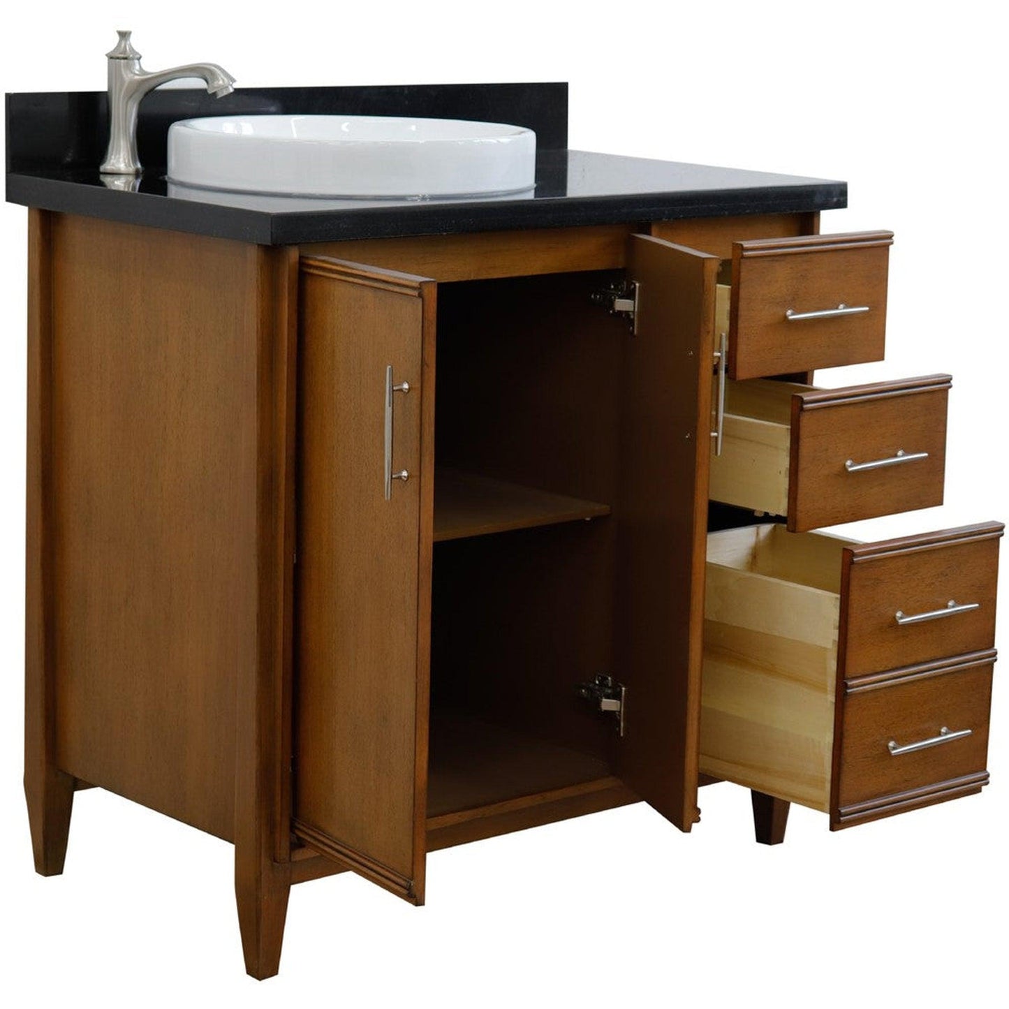 Bellaterra Home MCM 37" 2-Door 3-Drawer Walnut Freestanding Vanity Set With Ceramic Left Vessel Sink and Black Galaxy Granite Top, and Left Door Cabinet