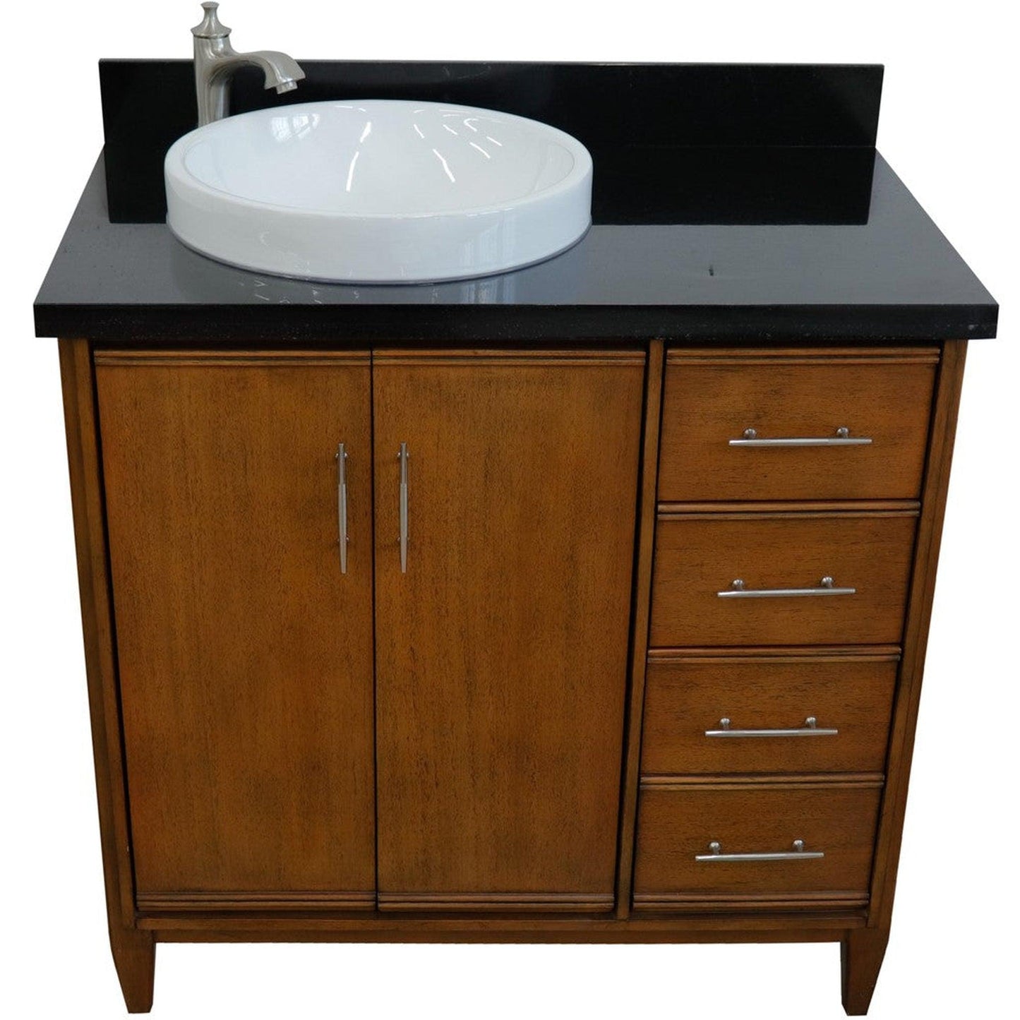 Bellaterra Home MCM 37" 2-Door 3-Drawer Walnut Freestanding Vanity Set With Ceramic Left Vessel Sink and Black Galaxy Granite Top, and Left Door Cabinet