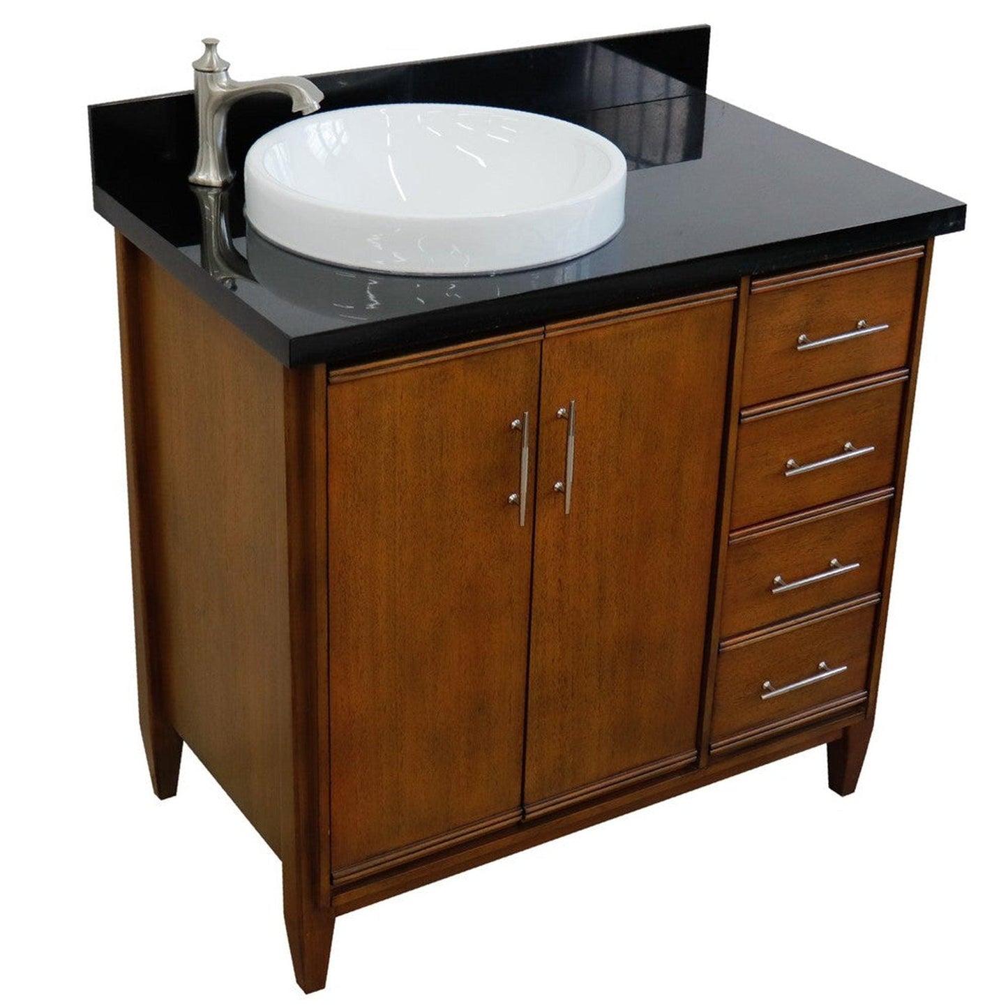 Bellaterra Home MCM 37" 2-Door 3-Drawer Walnut Freestanding Vanity Set With Ceramic Left Vessel Sink and Black Galaxy Granite Top, and Left Door Cabinet