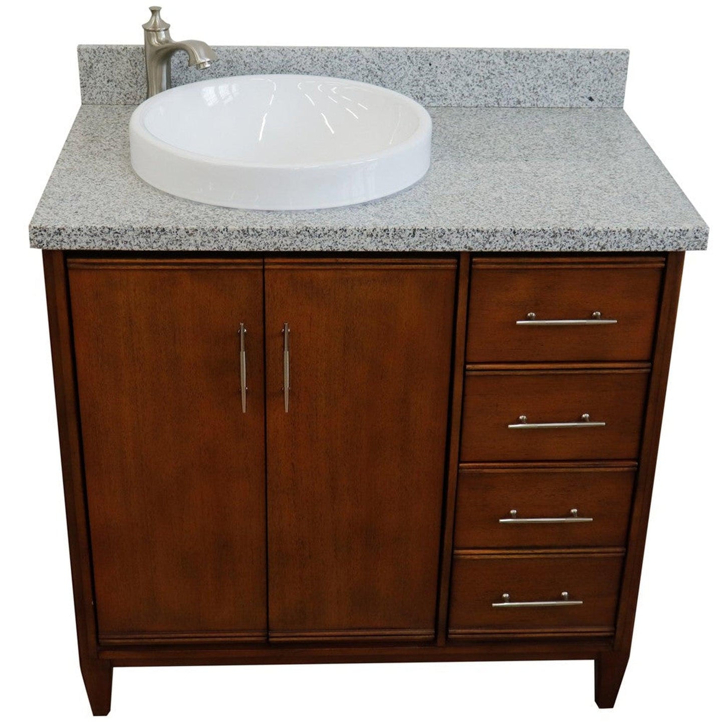 Bellaterra Home MCM 37" 2-Door 3-Drawer Walnut Freestanding Vanity Set With Ceramic Left Vessel Sink and Gray Granite Top, and Left Door Cabinet