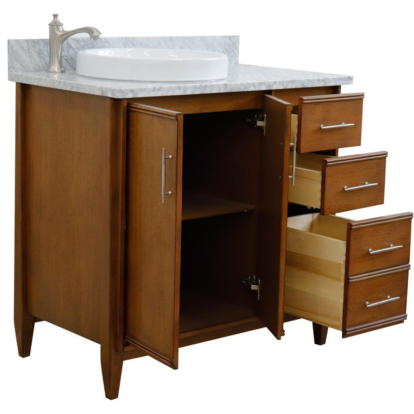 Bellaterra Home MCM 37" 2-Door 3-Drawer Walnut Freestanding Vanity Set With Ceramic Left Vessel Sink and White Carrara Marble Top, and Left Door Cabinet