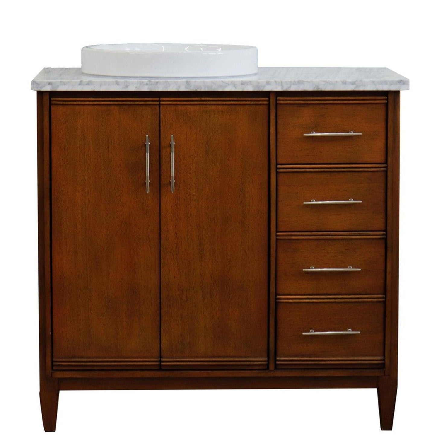 Bellaterra Home MCM 37" 2-Door 3-Drawer Walnut Freestanding Vanity Set With Ceramic Left Vessel Sink and White Carrara Marble Top, and Left Door Cabinet