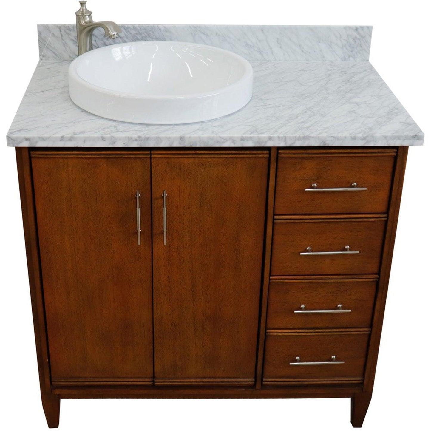 Bellaterra Home MCM 37" 2-Door 3-Drawer Walnut Freestanding Vanity Set With Ceramic Left Vessel Sink and White Carrara Marble Top, and Left Door Cabinet