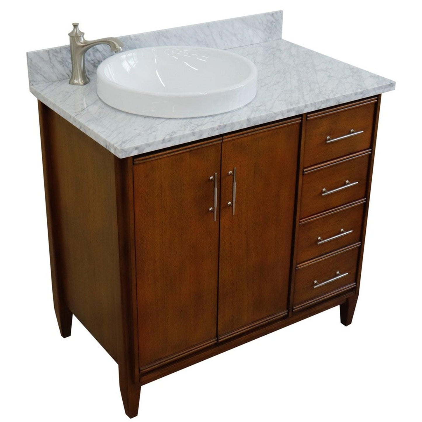 Bellaterra Home MCM 37" 2-Door 3-Drawer Walnut Freestanding Vanity Set With Ceramic Left Vessel Sink and White Carrara Marble Top, and Left Door Cabinet