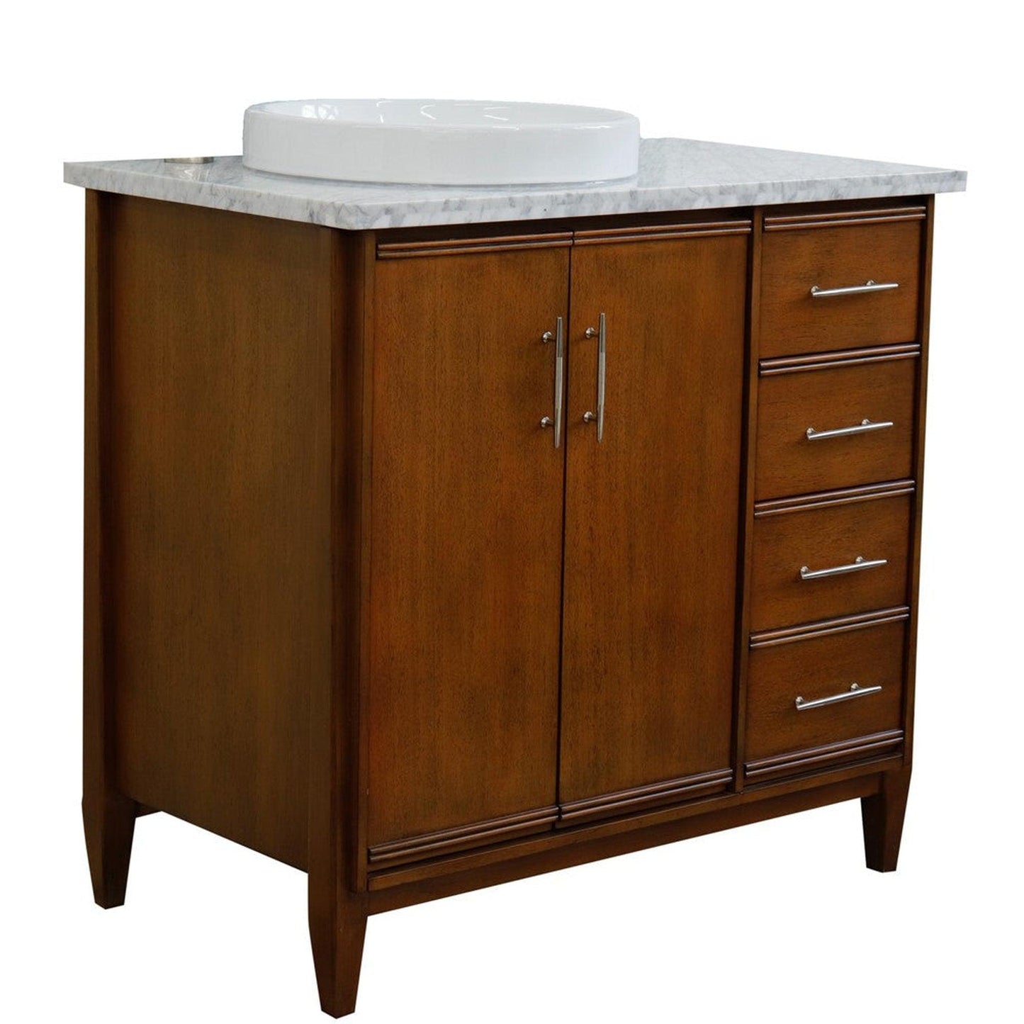 Bellaterra Home MCM 37" 2-Door 3-Drawer Walnut Freestanding Vanity Set With Ceramic Left Vessel Sink and White Carrara Marble Top, and Left Door Cabinet