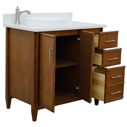 Bellaterra Home MCM 37" 2-Door 3-Drawer Walnut Freestanding Vanity Set With Ceramic Left Vessel Sink and White Quartz Top, and Left Door Cabinet