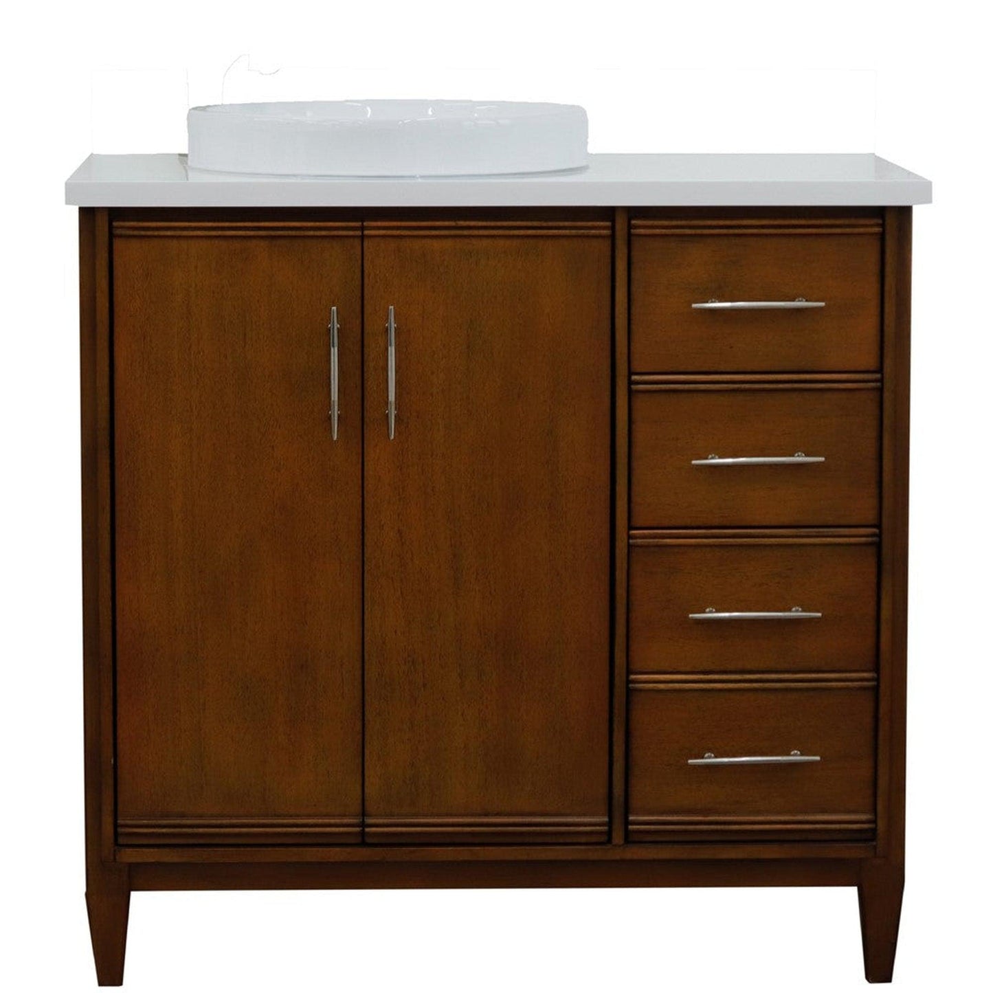 Bellaterra Home MCM 37" 2-Door 3-Drawer Walnut Freestanding Vanity Set With Ceramic Left Vessel Sink and White Quartz Top, and Left Door Cabinet