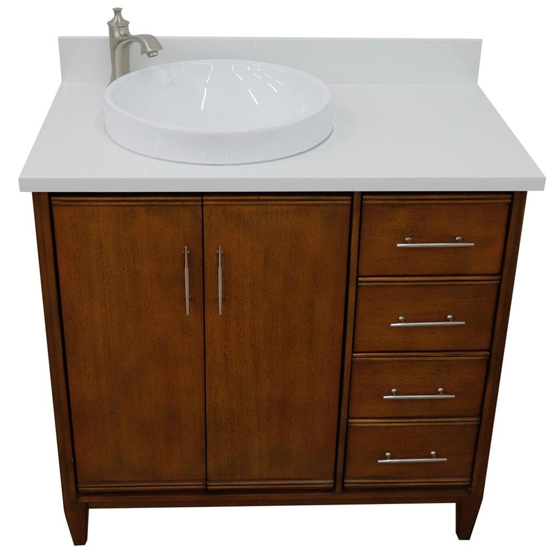 Bellaterra Home MCM 37" 2-Door 3-Drawer Walnut Freestanding Vanity Set With Ceramic Left Vessel Sink and White Quartz Top, and Left Door Cabinet