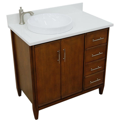 Bellaterra Home MCM 37" 2-Door 3-Drawer Walnut Freestanding Vanity Set With Ceramic Left Vessel Sink and White Quartz Top, and Left Door Cabinet