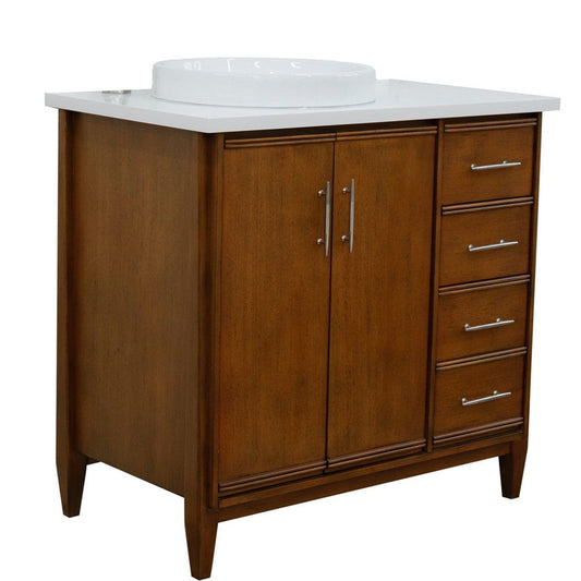 Bellaterra Home MCM 37" 2-Door 3-Drawer Walnut Freestanding Vanity Set With Ceramic Left Vessel Sink and White Quartz Top, and Left Door Cabinet