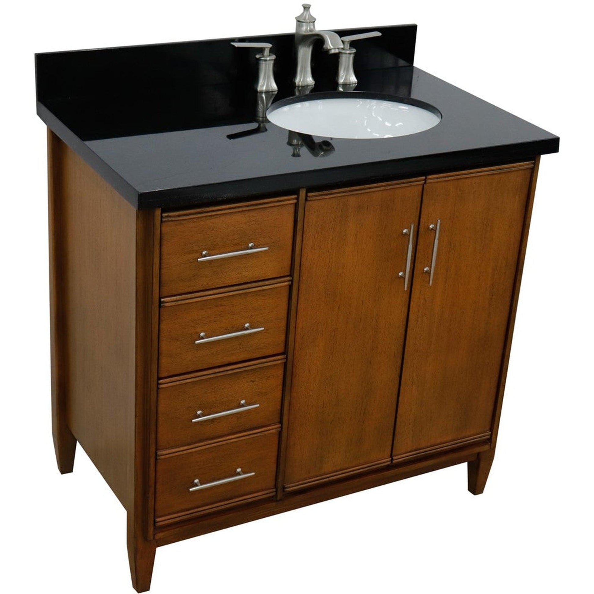 Bellaterra Home MCM 37" 2-Door 3-Drawer Walnut Freestanding Vanity Set With Ceramic Right Undermount Oval Sink and Black Galaxy Granite Top, and Right Door Cabinet