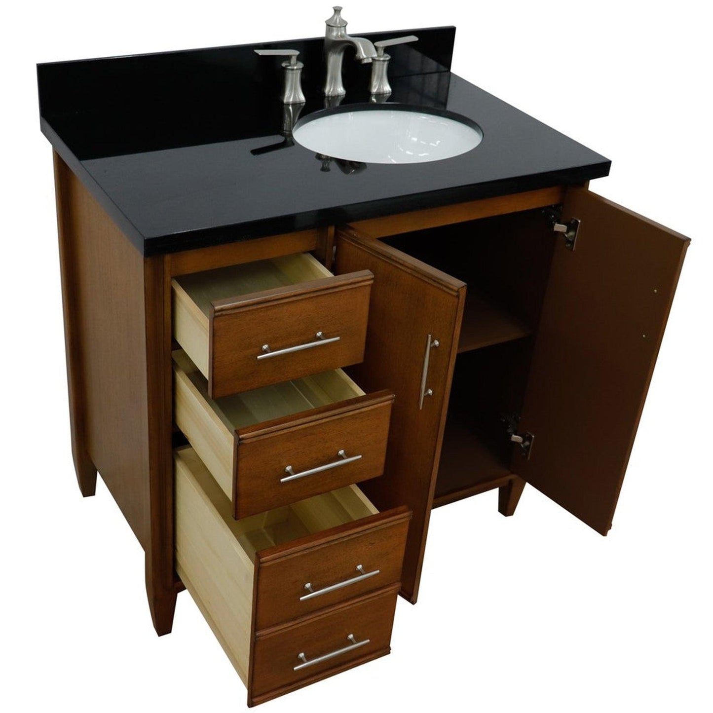 Bellaterra Home MCM 37" 2-Door 3-Drawer Walnut Freestanding Vanity Set With Ceramic Right Undermount Oval Sink and Black Galaxy Granite Top, and Right Door Cabinet