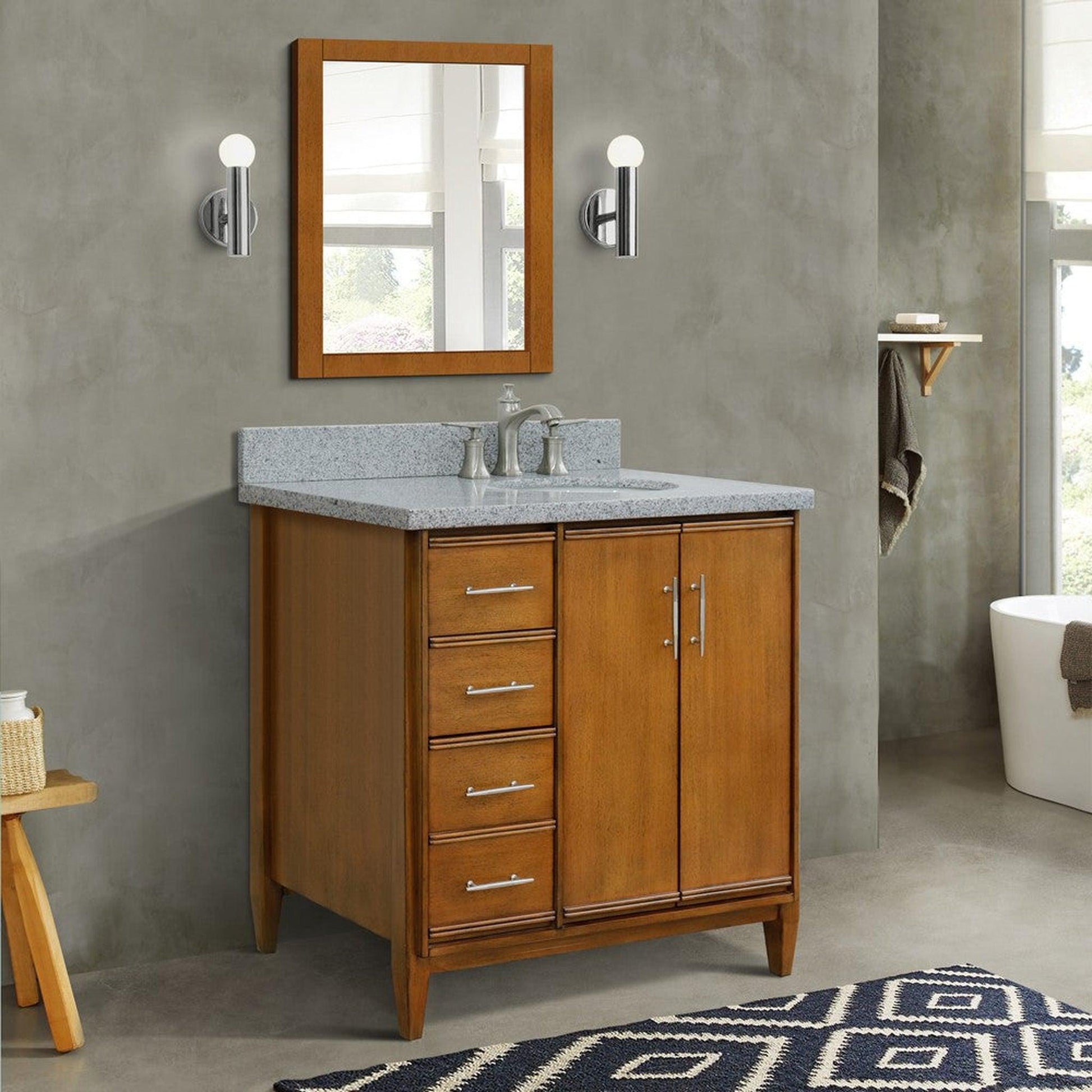 Bellaterra Home MCM 37" 2-Door 3-Drawer Walnut Freestanding Vanity Set With Ceramic Right Undermount Oval Sink and Gray Granite Top, and Right Door Cabinet