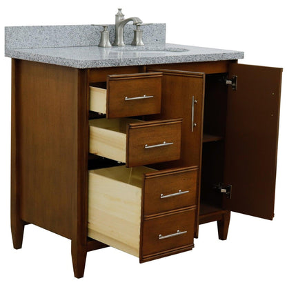 Bellaterra Home MCM 37" 2-Door 3-Drawer Walnut Freestanding Vanity Set With Ceramic Right Undermount Oval Sink and Gray Granite Top, and Right Door Cabinet