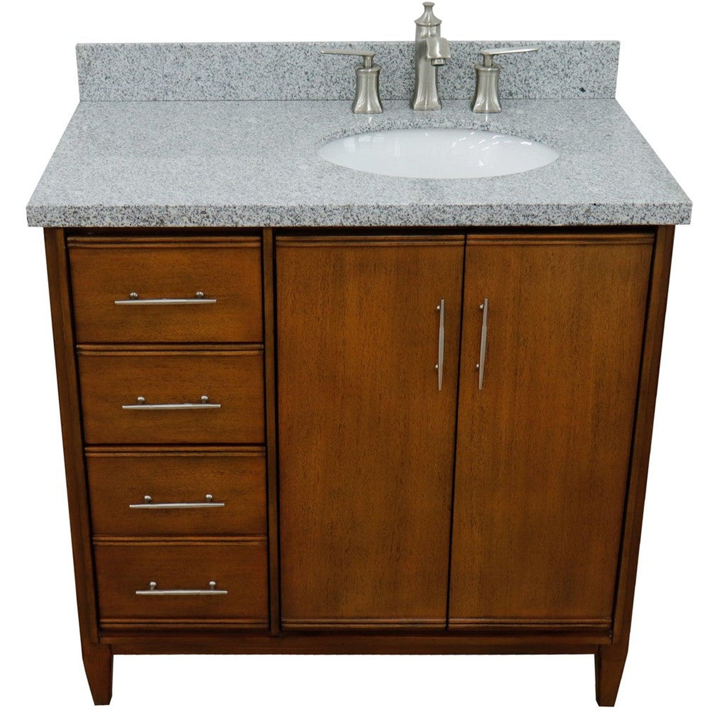 Bellaterra Home MCM 37" 2-Door 3-Drawer Walnut Freestanding Vanity Set With Ceramic Right Undermount Oval Sink and Gray Granite Top, and Right Door Cabinet