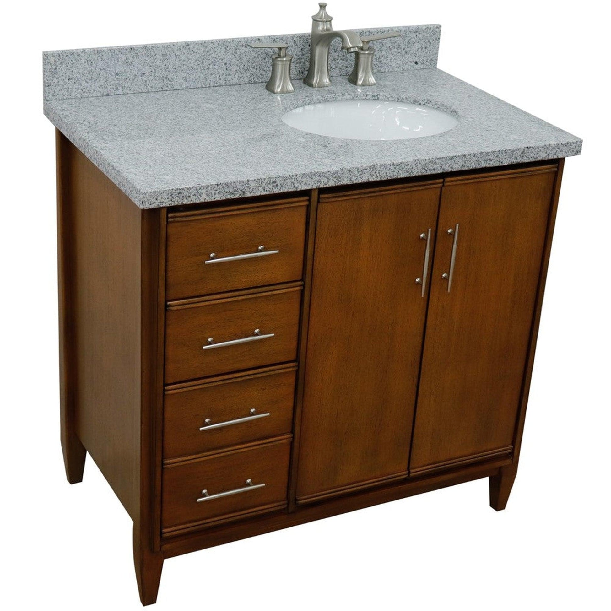 Bellaterra Home MCM 37" 2-Door 3-Drawer Walnut Freestanding Vanity Set With Ceramic Right Undermount Oval Sink and Gray Granite Top, and Right Door Cabinet