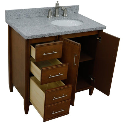 Bellaterra Home MCM 37" 2-Door 3-Drawer Walnut Freestanding Vanity Set With Ceramic Right Undermount Oval Sink and Gray Granite Top, and Right Door Cabinet