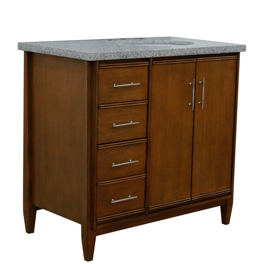 Bellaterra Home MCM 37" 2-Door 3-Drawer Walnut Freestanding Vanity Set With Ceramic Right Undermount Oval Sink and Gray Granite Top, and Right Door Cabinet