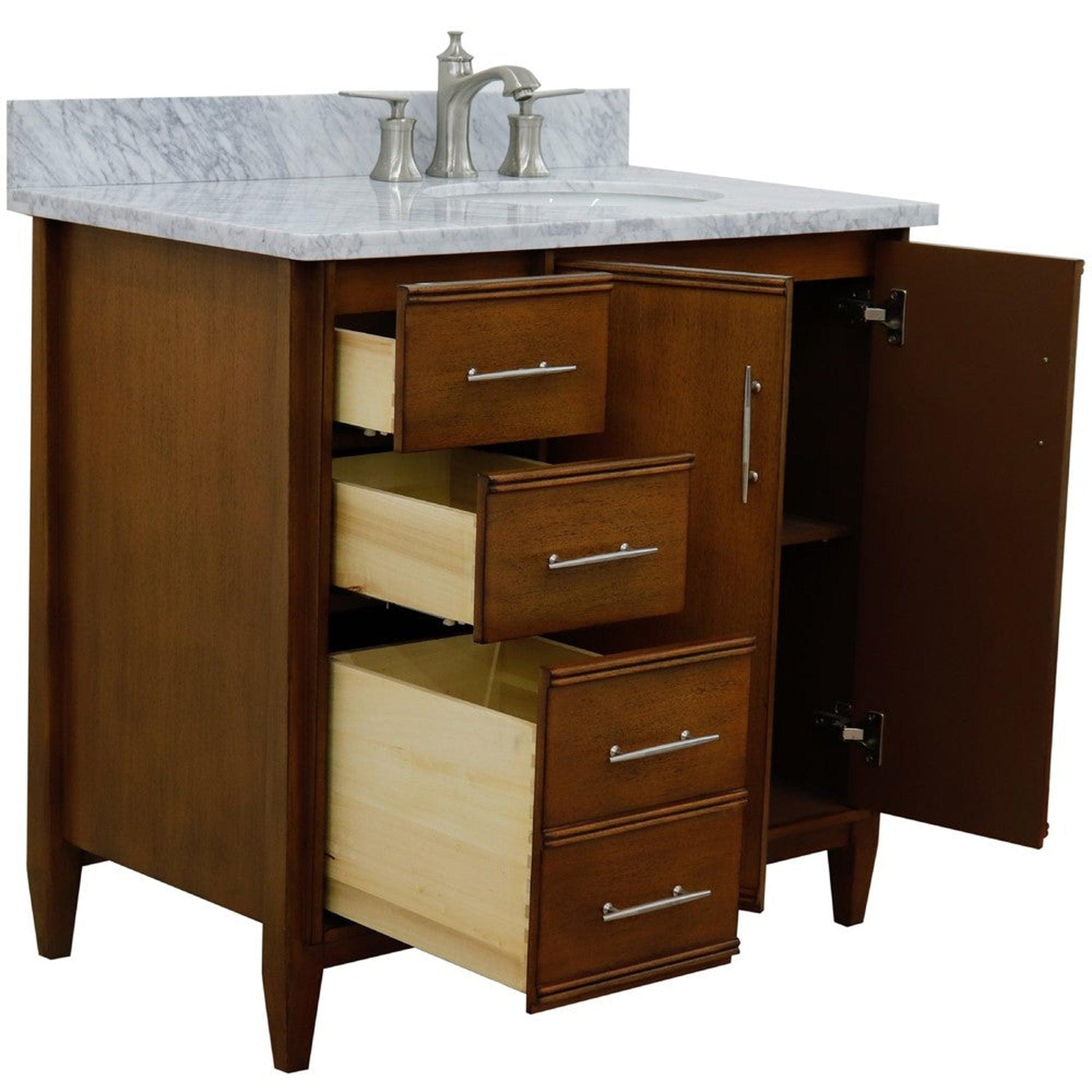 Bellaterra Home MCM 37" 2-Door 3-Drawer Walnut Freestanding Vanity Set With Ceramic Right Undermount Oval Sink and White Carrara Marble Top, and Right Door Cabinet