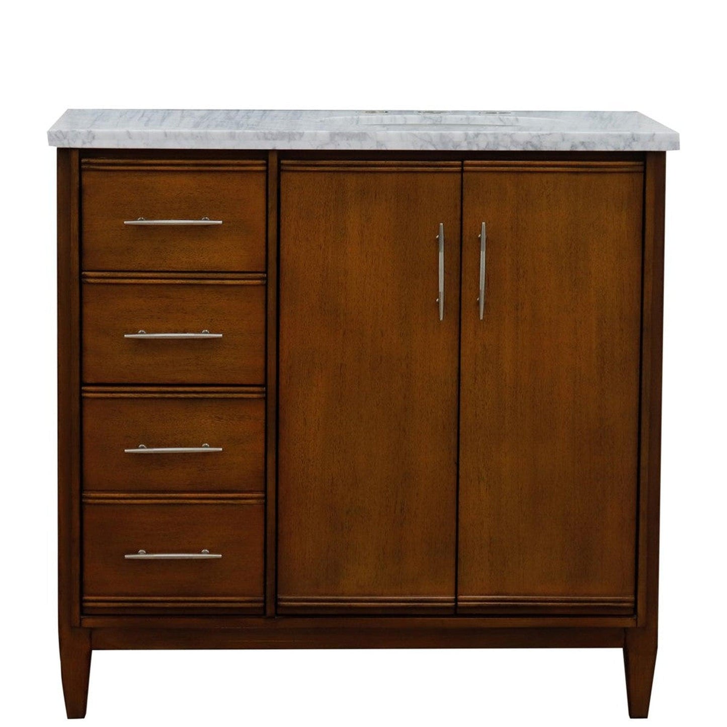 Bellaterra Home MCM 37" 2-Door 3-Drawer Walnut Freestanding Vanity Set With Ceramic Right Undermount Oval Sink and White Carrara Marble Top, and Right Door Cabinet