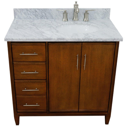 Bellaterra Home MCM 37" 2-Door 3-Drawer Walnut Freestanding Vanity Set With Ceramic Right Undermount Oval Sink and White Carrara Marble Top, and Right Door Cabinet