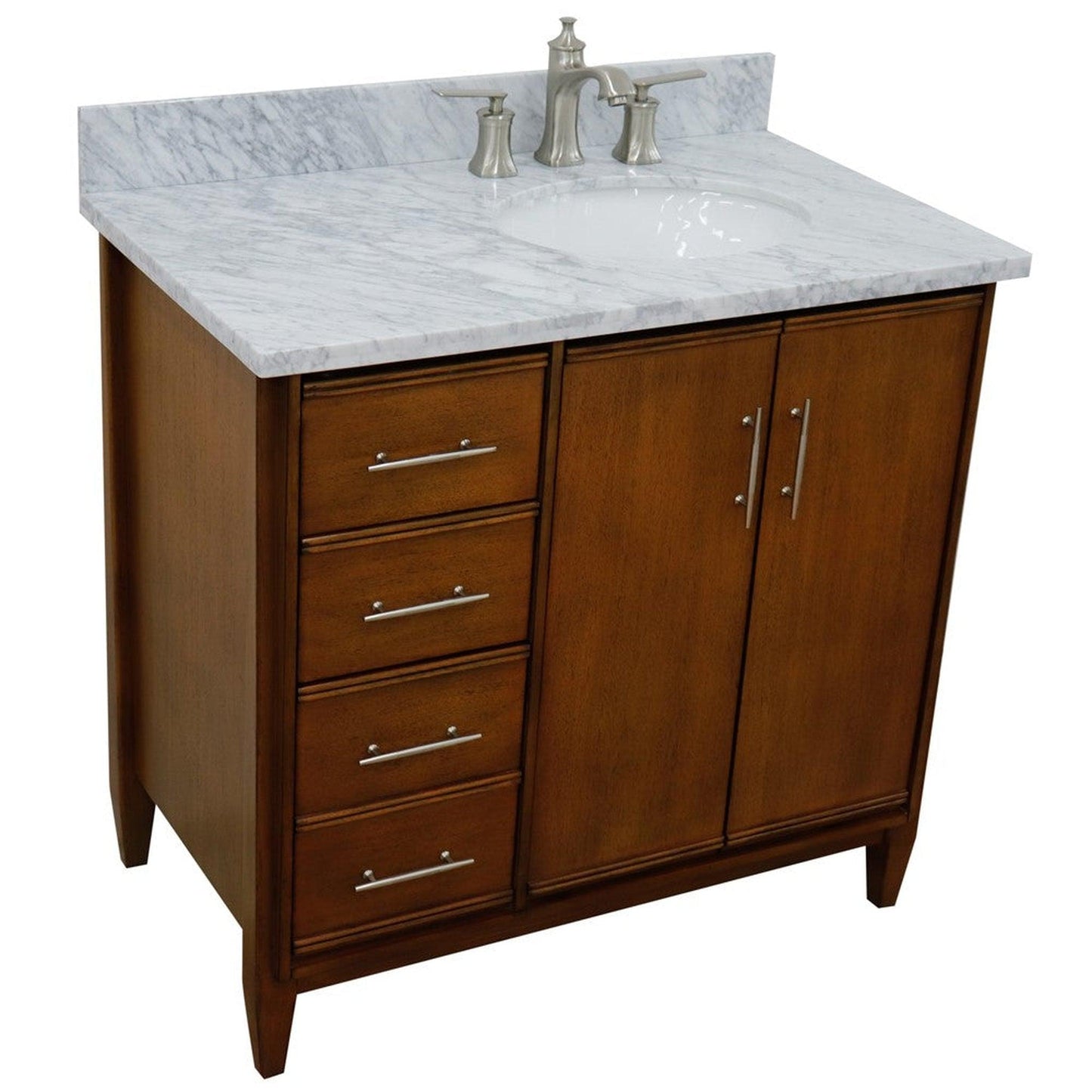 Bellaterra Home MCM 37" 2-Door 3-Drawer Walnut Freestanding Vanity Set With Ceramic Right Undermount Oval Sink and White Carrara Marble Top, and Right Door Cabinet