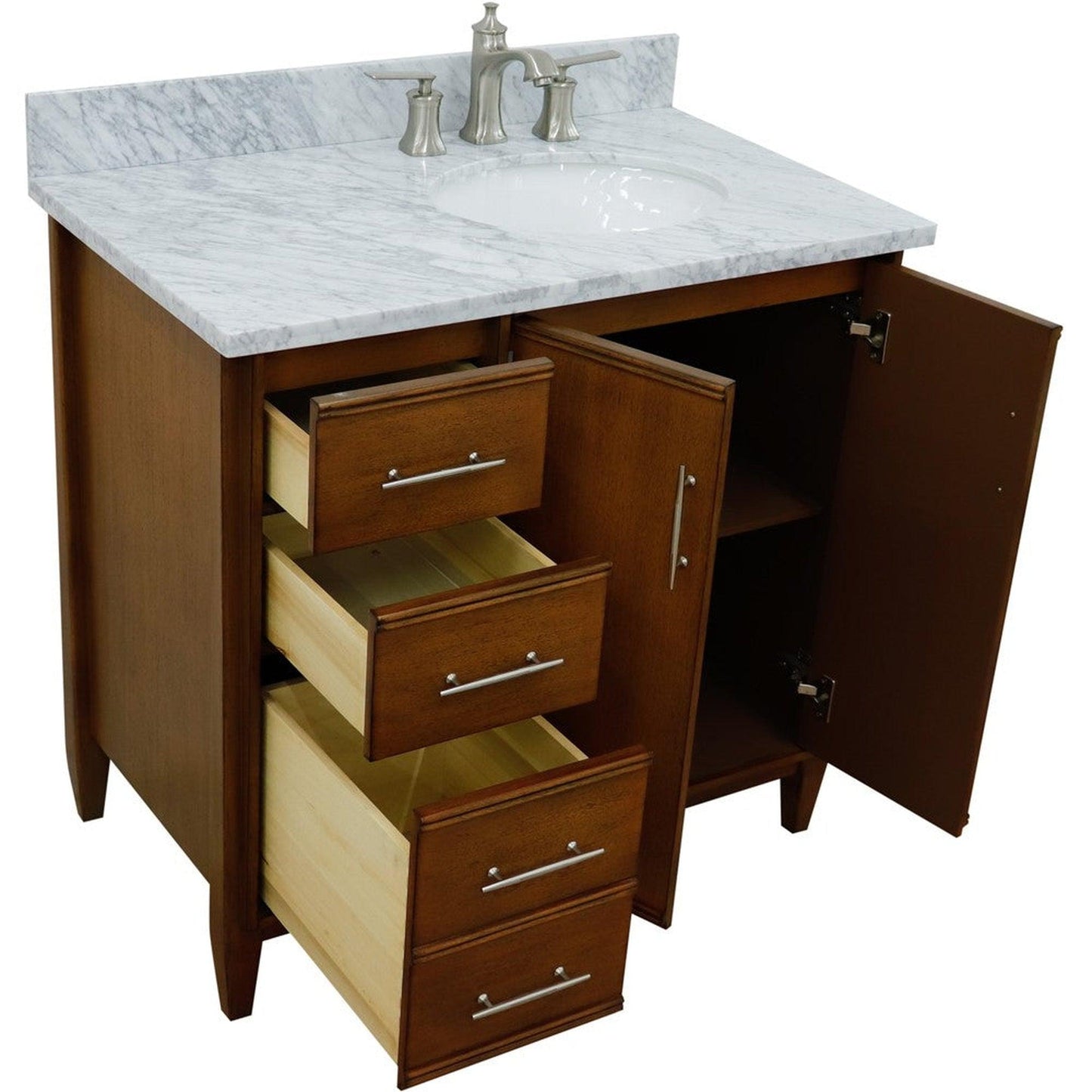 Bellaterra Home MCM 37" 2-Door 3-Drawer Walnut Freestanding Vanity Set With Ceramic Right Undermount Oval Sink and White Carrara Marble Top, and Right Door Cabinet