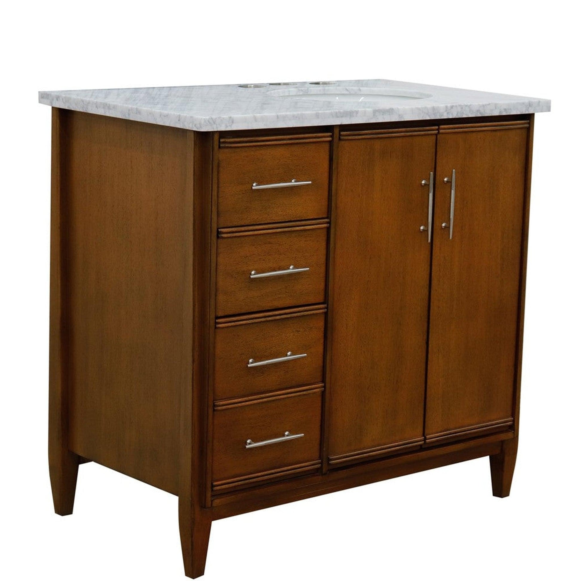 Bellaterra Home MCM 37" 2-Door 3-Drawer Walnut Freestanding Vanity Set With Ceramic Right Undermount Oval Sink and White Carrara Marble Top, and Right Door Cabinet