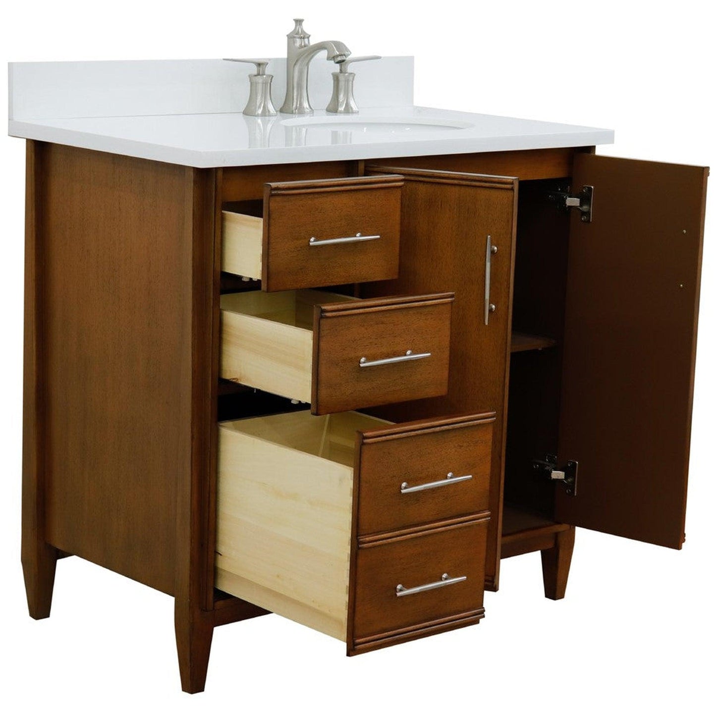 Bellaterra Home MCM 37" 2-Door 3-Drawer Walnut Freestanding Vanity Set With Ceramic Right Undermount Oval Sink and White Quartz Top, and Right Door Cabinet