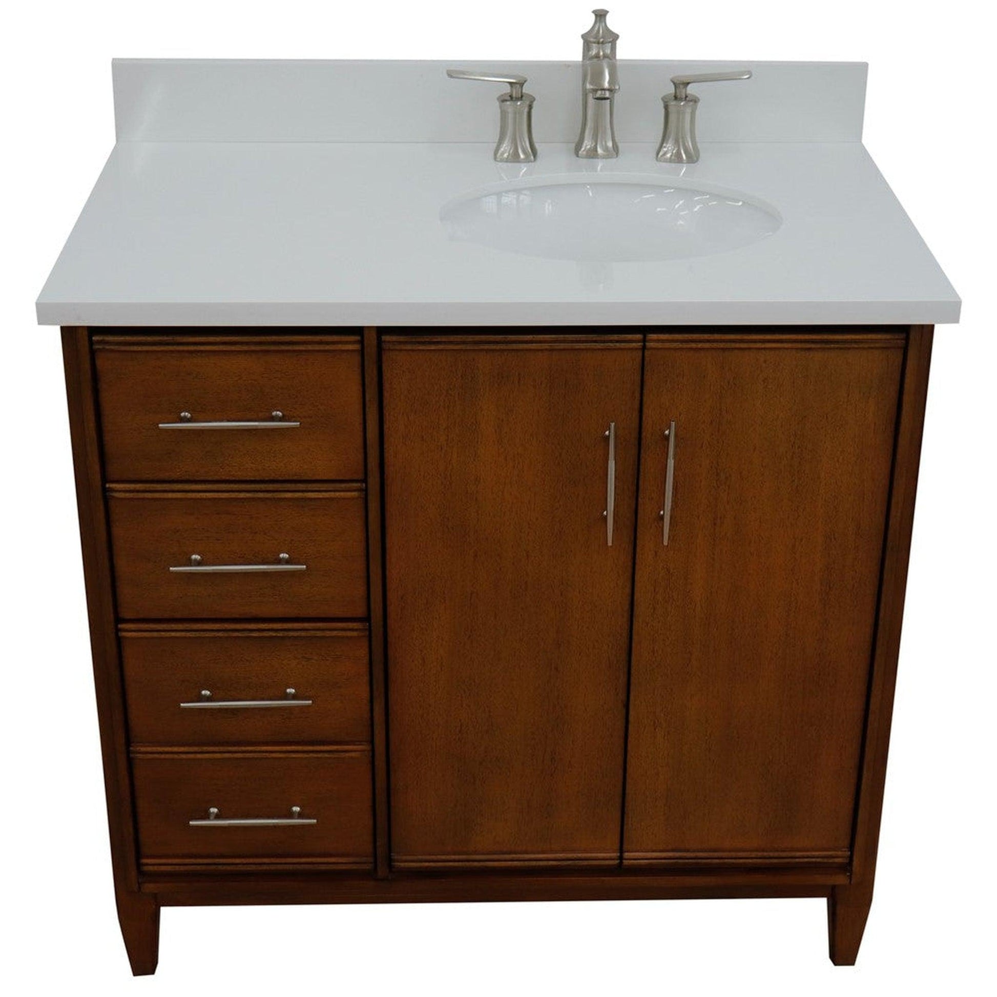 Bellaterra Home MCM 37" 2-Door 3-Drawer Walnut Freestanding Vanity Set With Ceramic Right Undermount Oval Sink and White Quartz Top, and Right Door Cabinet