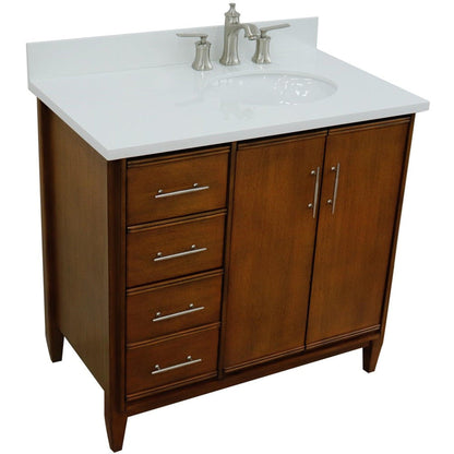 Bellaterra Home MCM 37" 2-Door 3-Drawer Walnut Freestanding Vanity Set With Ceramic Right Undermount Oval Sink and White Quartz Top, and Right Door Cabinet